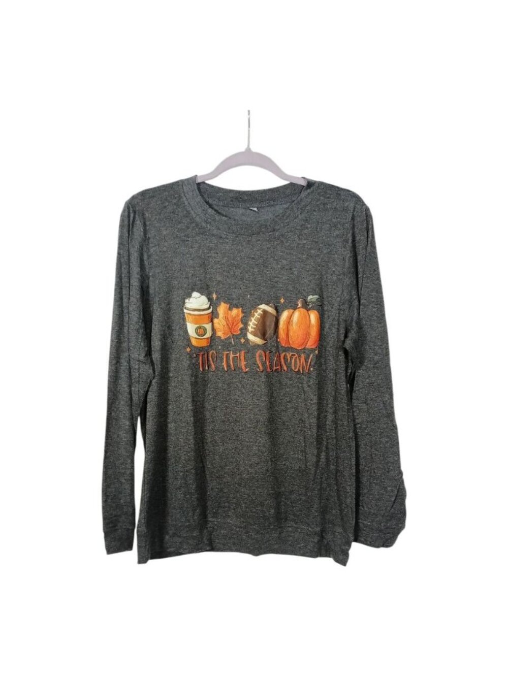 Tis The Season Fall Themed Long Sleeve Top Grey Ladies Size M Pumpkins Football